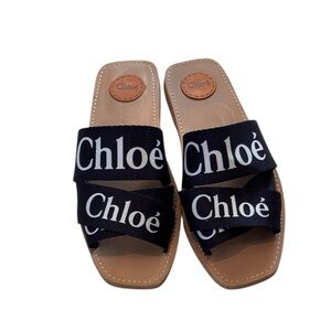 CHLOE WOODY slides Black Canvas + White Logo Print Size 40